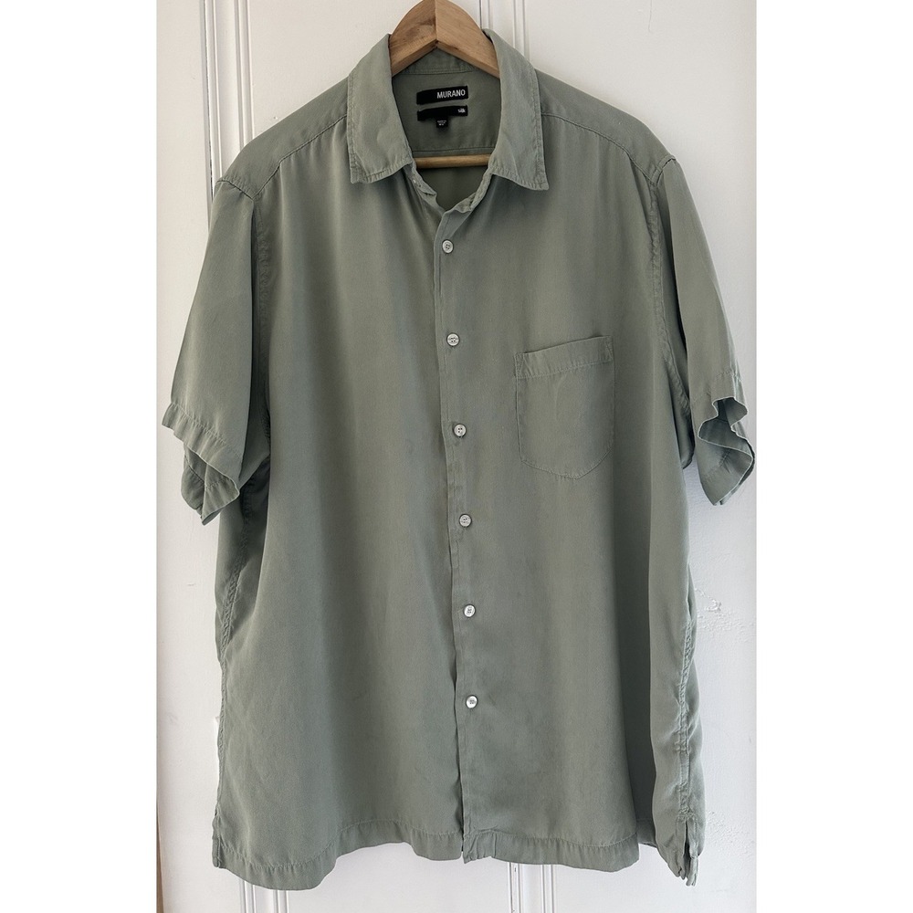 Murano Silk Shirt XL Sage Green Short Sleeve Button Front Casual